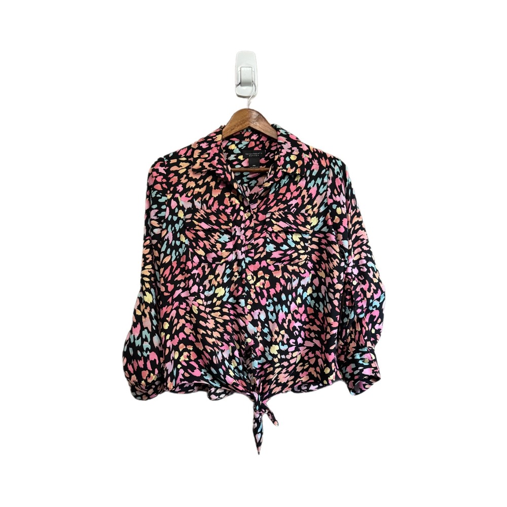 Investments Petites Blouse Women PS Multi Color Excellent Tie Front Roll Tab